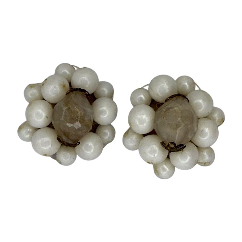 Vintage White Pearl Bead & Faceted Stone Cluster Clip-On Earrings Womens Jewelry - Picture 1 of 5